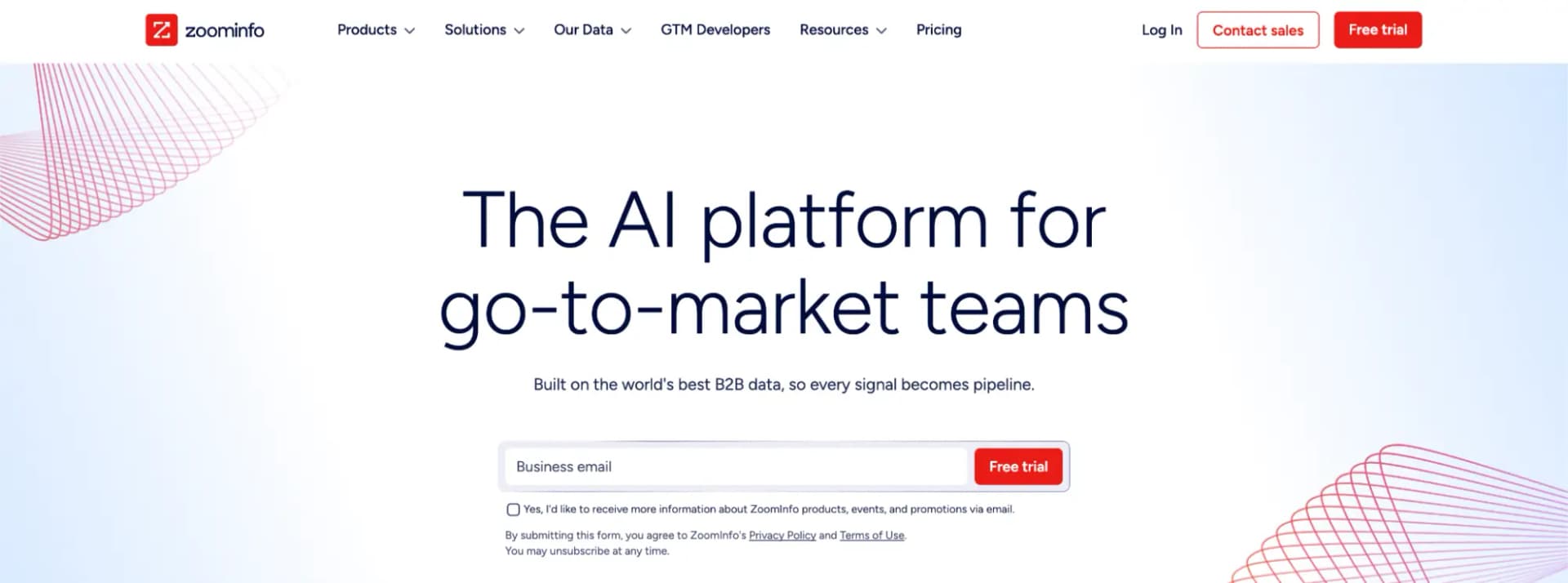 The ZoomInfo home page headlined as the AI platform for go-to-market teams