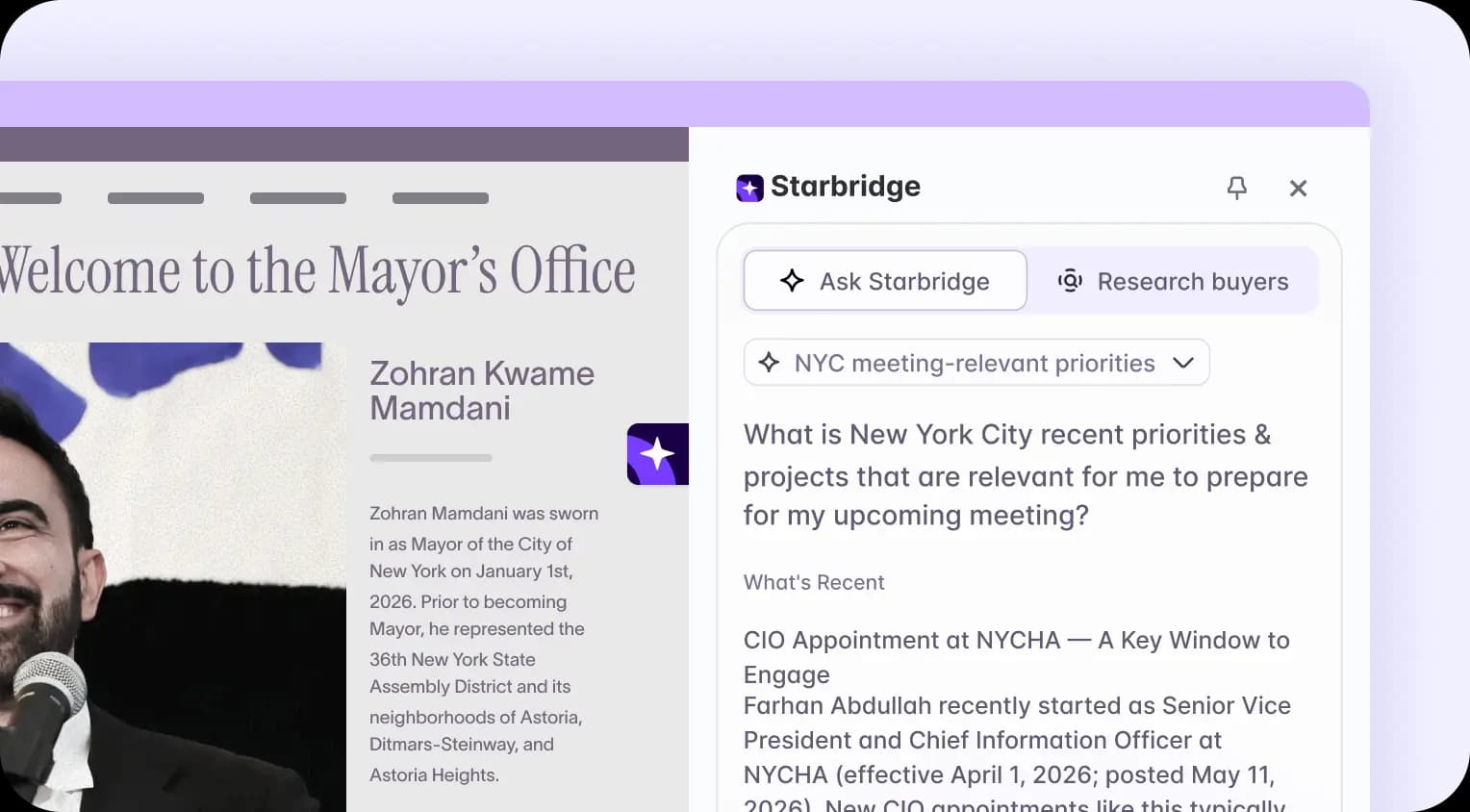 Ask Starbridge combining public intelligence with your own Bridge data to recommend the next step